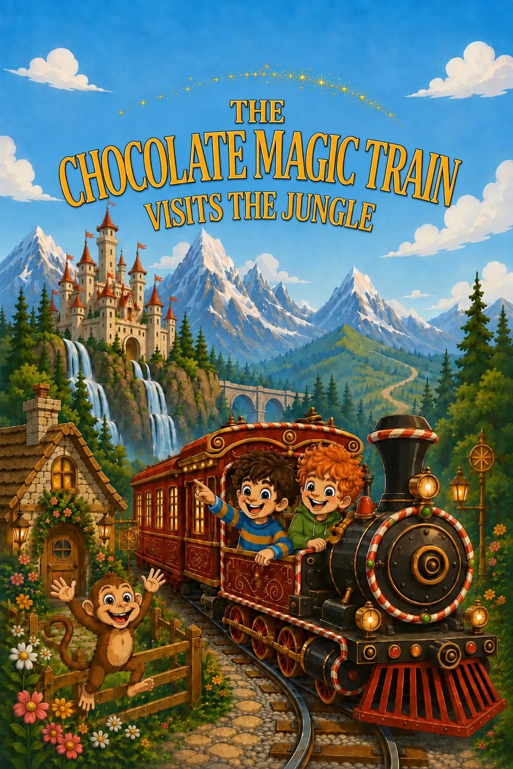 Cover of The Chocolate Magic Train Visits the Jungle: Max and Jack aboard a chocolate steam train with a waving monkey, a castle, waterfalls, and blue mountains.