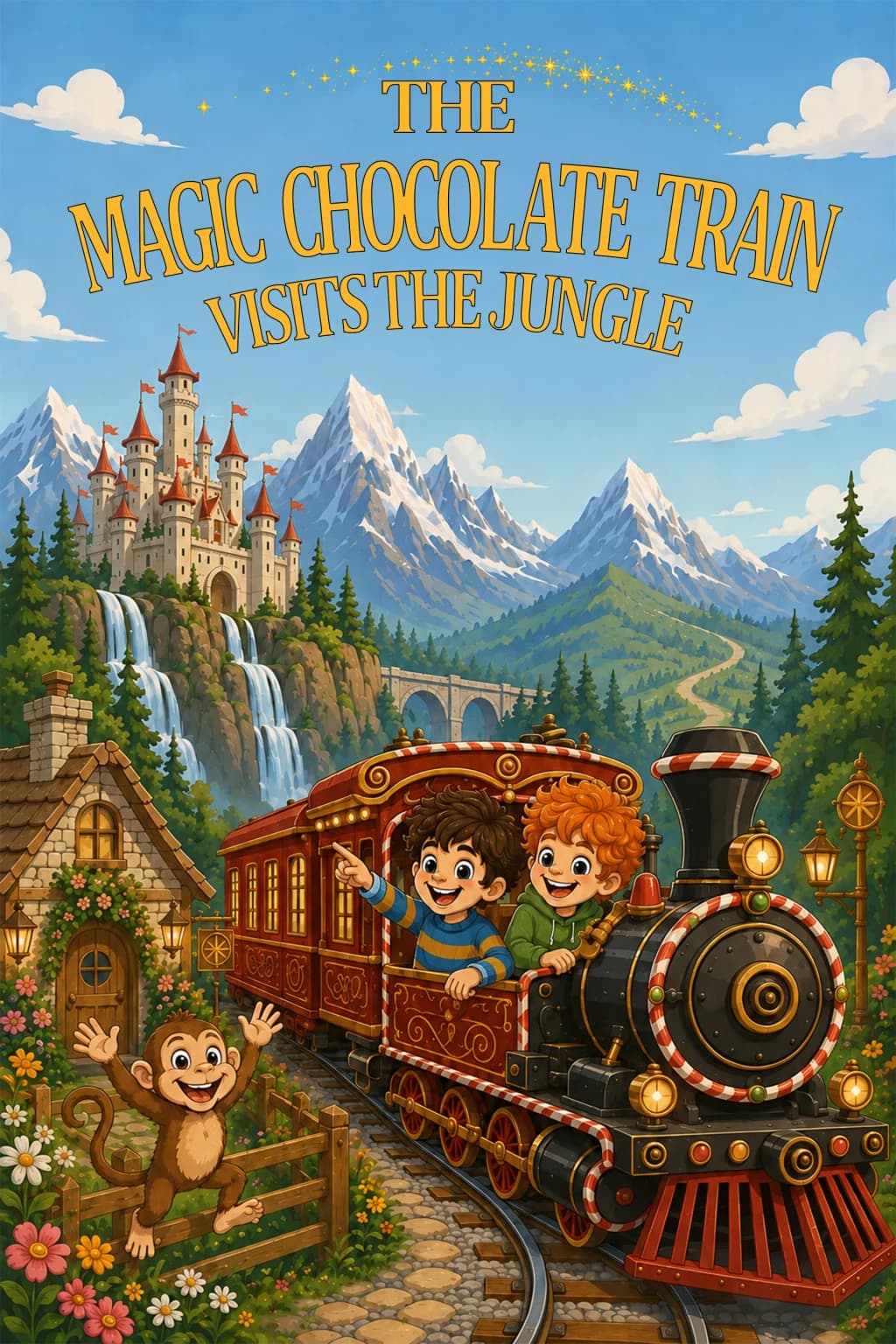 Cover of The Magic Chocolate Train Visits the Jungle: Max and Jack aboard a chocolate steam train with a waving monkey, a castle, waterfalls, and blue mountains.