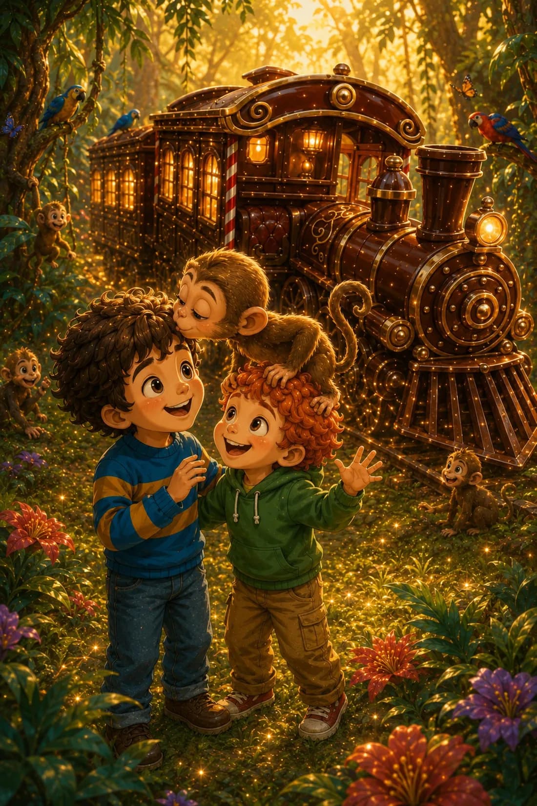 Max and Jack smile in the jungle as a little monkey perches on Jack’s head beside the Magic Chocolate Train.
